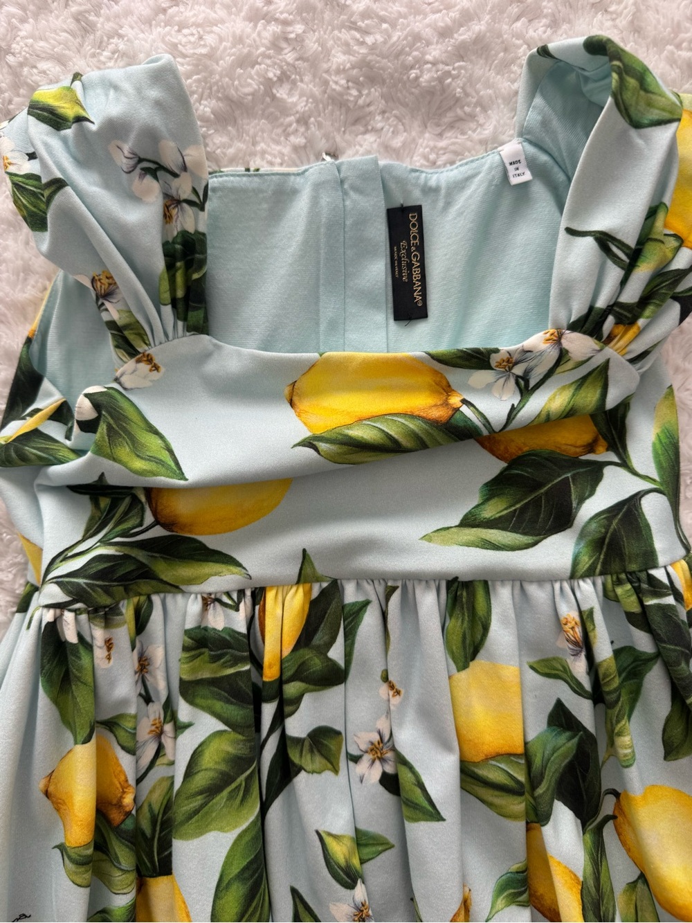 Dolce & Gabbana Girls Lemon Print Dress in Light Blue, Green and Yellow - Picture 10 of 11